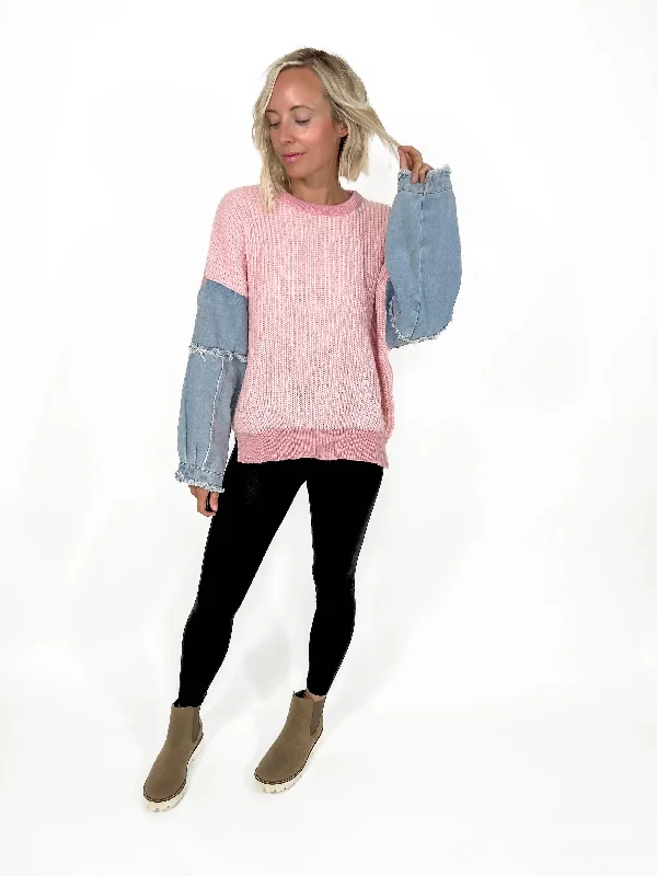 Tova Contrast Sweater- BLUSH/DENIM