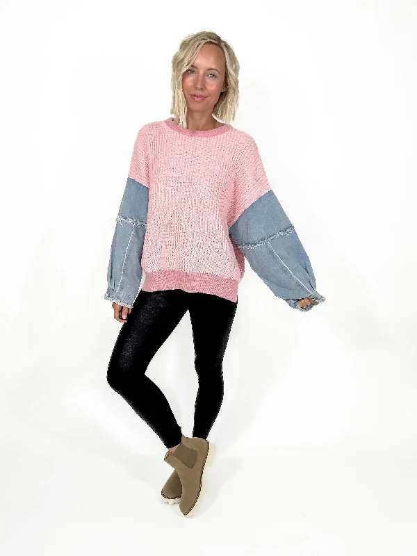 Tova Contrast Sweater- BLUSH/DENIM