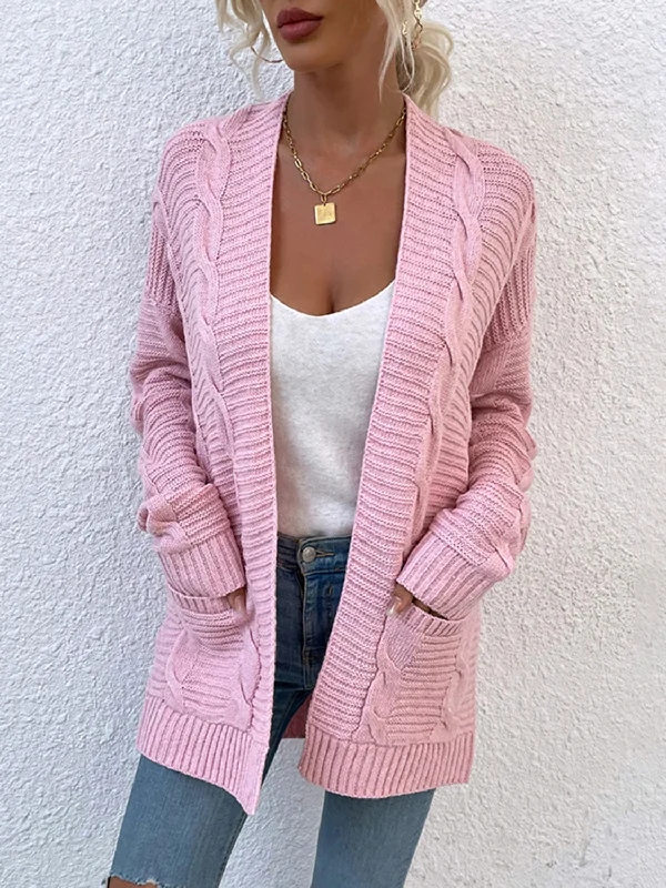 Cable-Knit Open Front Cardigan with Pockets