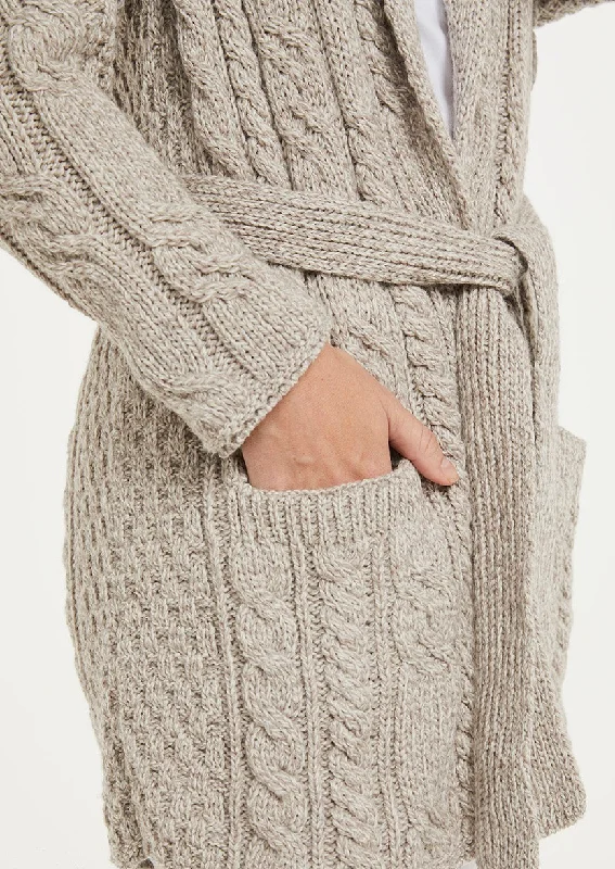 Shawl Neck Aran Belted Cardigan | Oatmeal