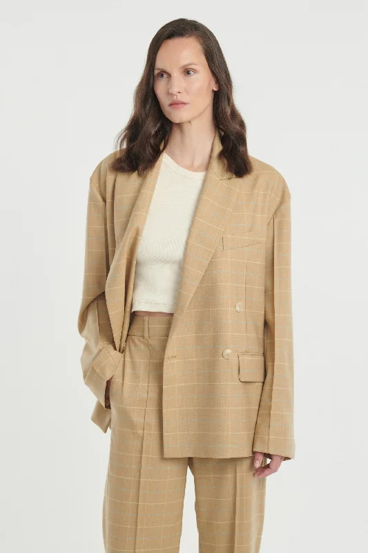 Beige checked wool power suit jacket