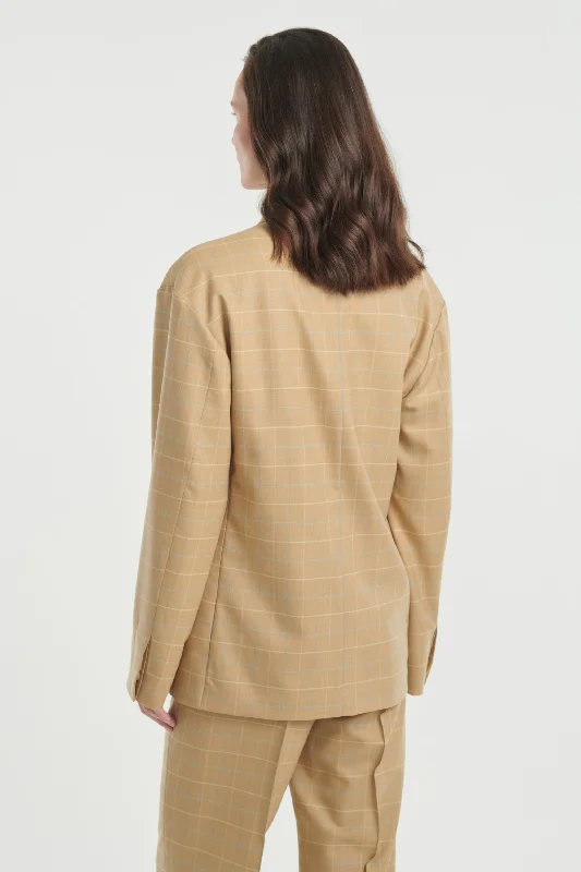 Beige checked wool power suit jacket