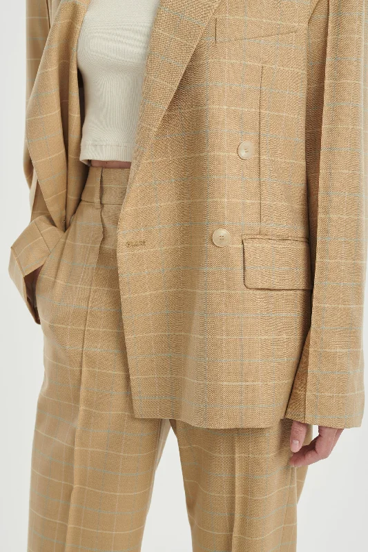 Beige checked wool power suit jacket