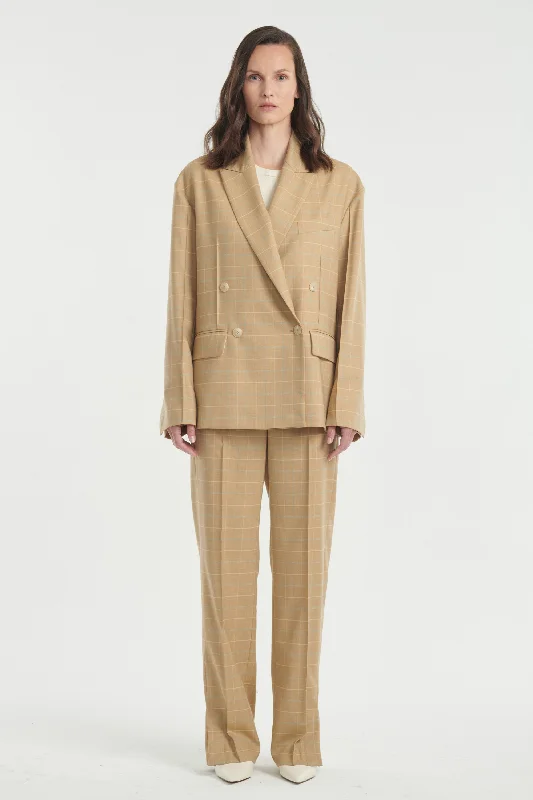 Beige checked wool power suit jacket