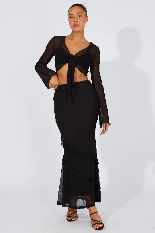 Black Bolero Tie Front Long Sleeve Mesh