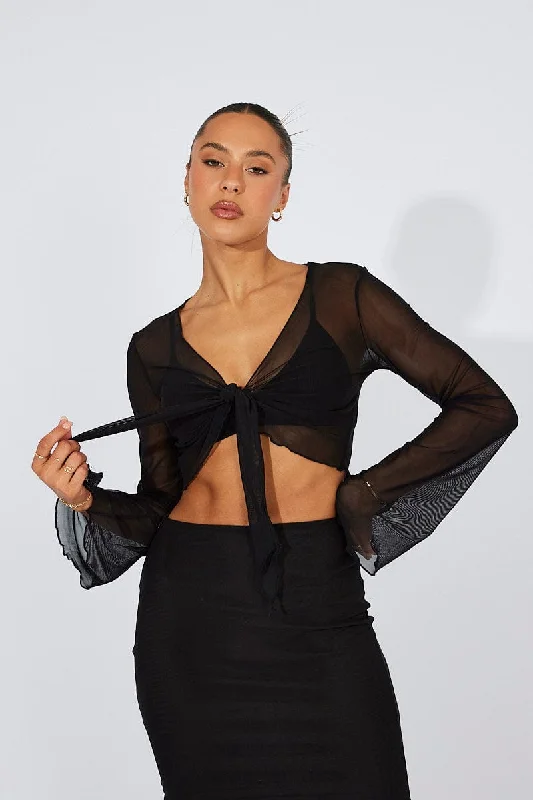 Black Bolero Tie Front Long Sleeve Mesh