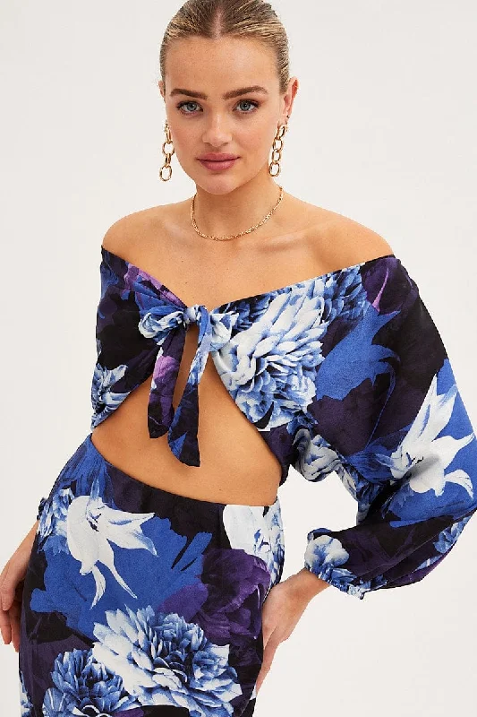 Blue Floral Bolero 3/4 Sleeve Tie Front Crop Satin