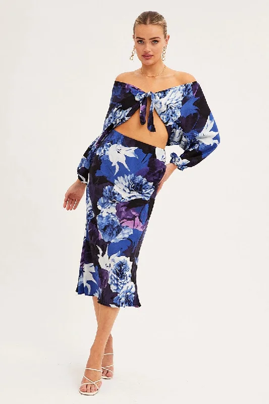 Blue Floral Bolero 3/4 Sleeve Tie Front Crop Satin