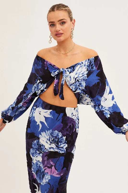 Blue Floral Bolero 3/4 Sleeve Tie Front Crop Satin