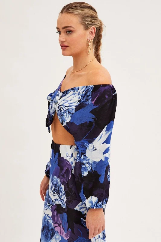 Blue Floral Bolero 3/4 Sleeve Tie Front Crop Satin