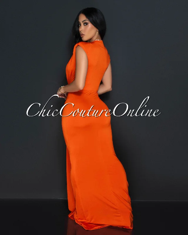 Alea Orange Sleeveless Deep V Neck Maxi Dress