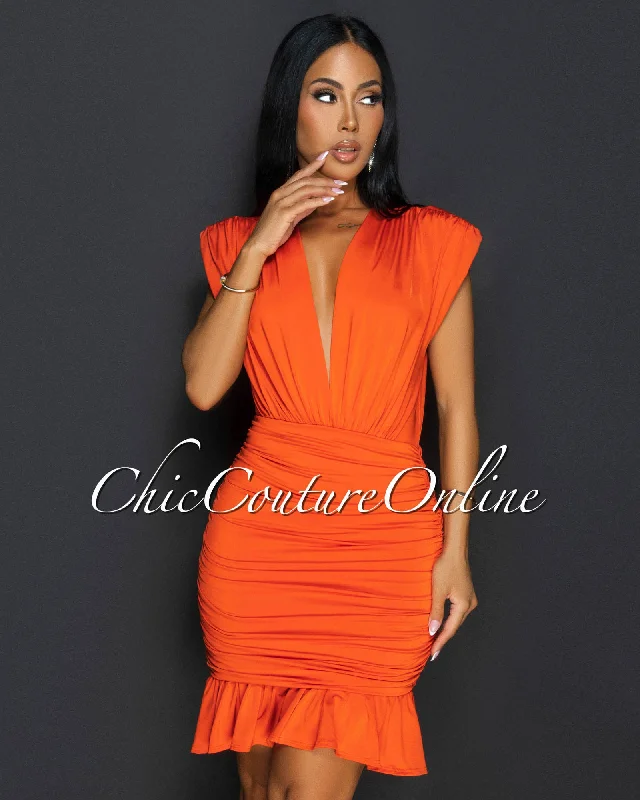 Amai Orange Deep-V Ruched Ruffle Dress