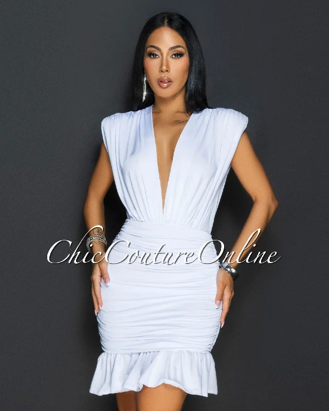 Amai White Deep-V Ruched Ruffle Dress