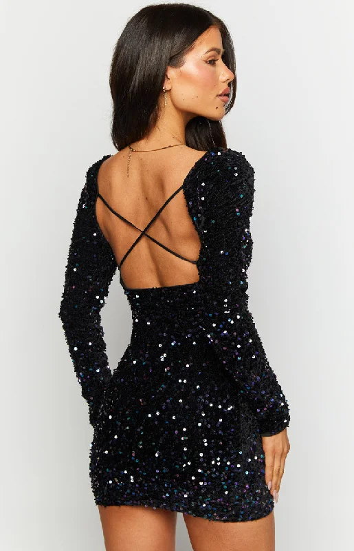 Annika Black Sequin Long Sleeve Mini Dress