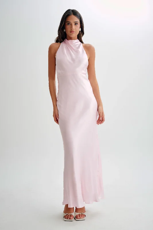 Esther Iridescent Satin Cowl Maxi Dress - Pale Pink