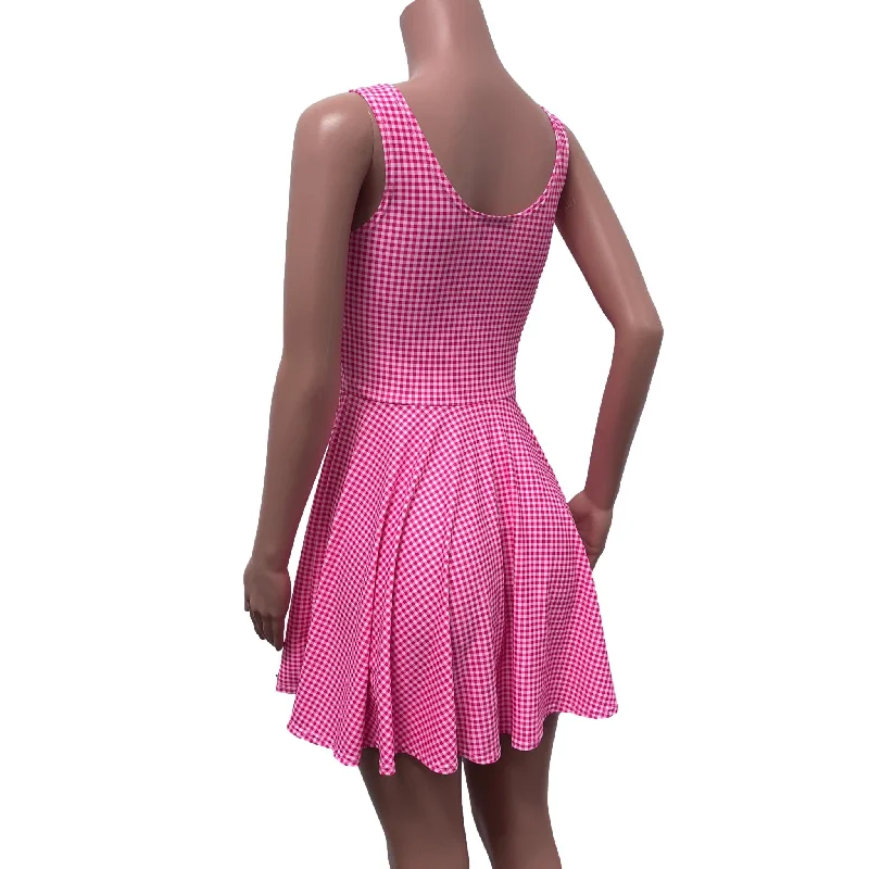 Pink Plaid Gingham Barbie Skater Dress | Pink Checkered Spandex Dress