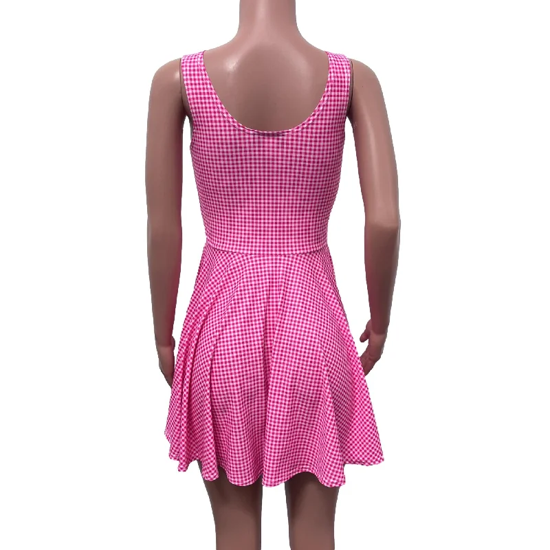 Pink Plaid Gingham Barbie Skater Dress | Pink Checkered Spandex Dress