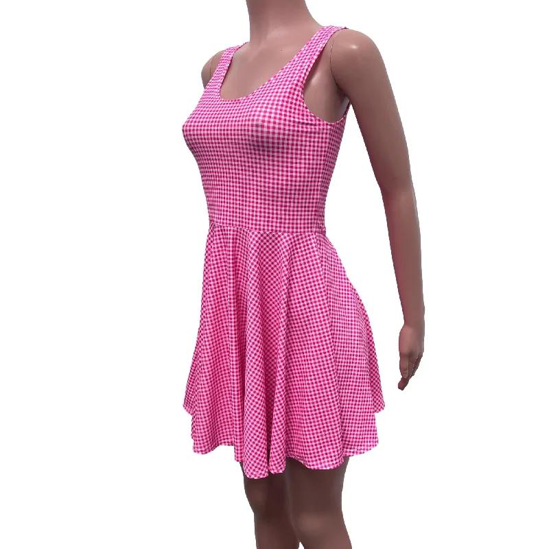 Pink Plaid Gingham Barbie Skater Dress | Pink Checkered Spandex Dress