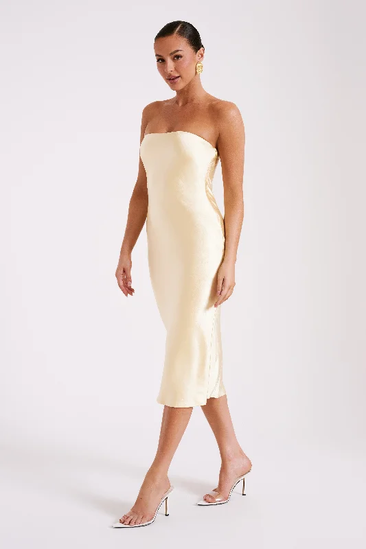 Tyler Strapless Satin Midi Dress - Butter