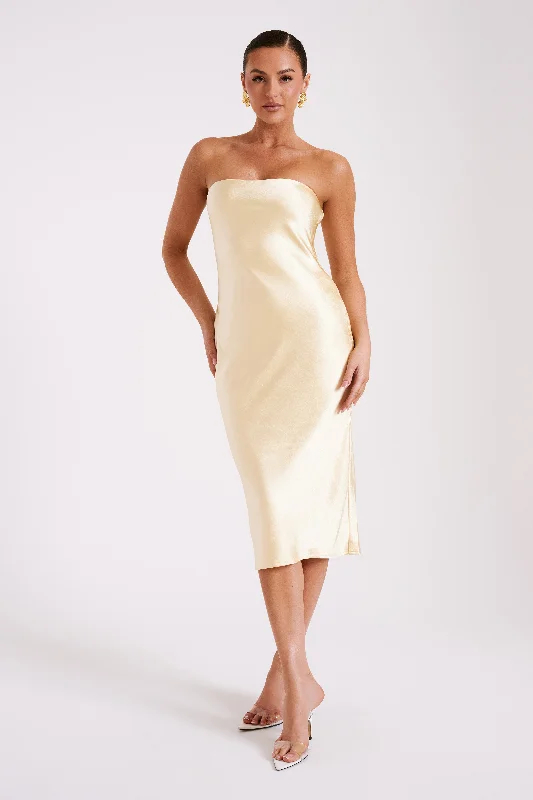 Tyler Strapless Satin Midi Dress - Butter