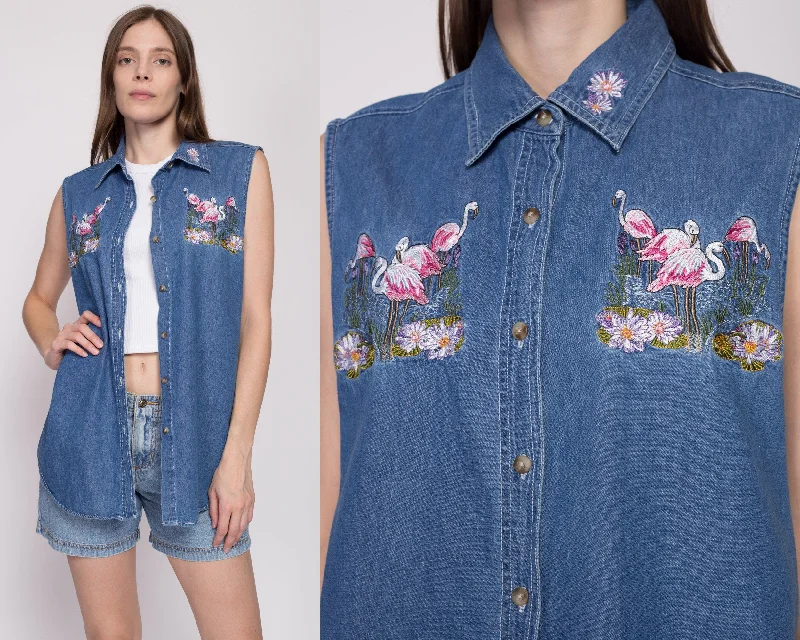 90s Flamingo Chambray Sleeveless Shirt - Large