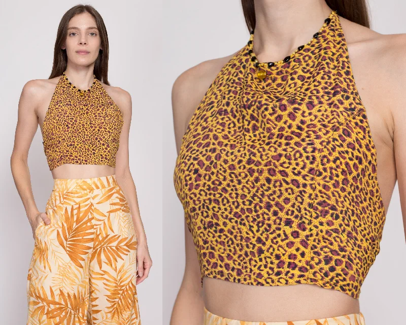 90s Leopard Print Beaded Halter Crop Top - XS to Small