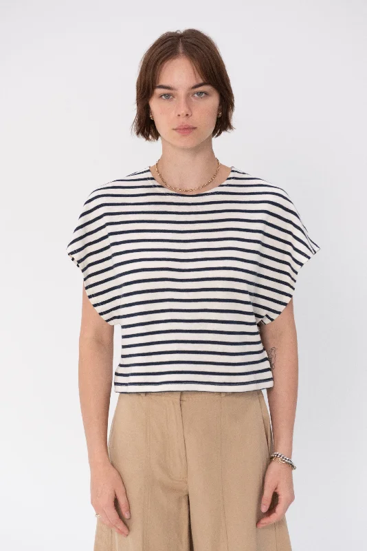 Luju Crop Tee, Navy Cream Stripe