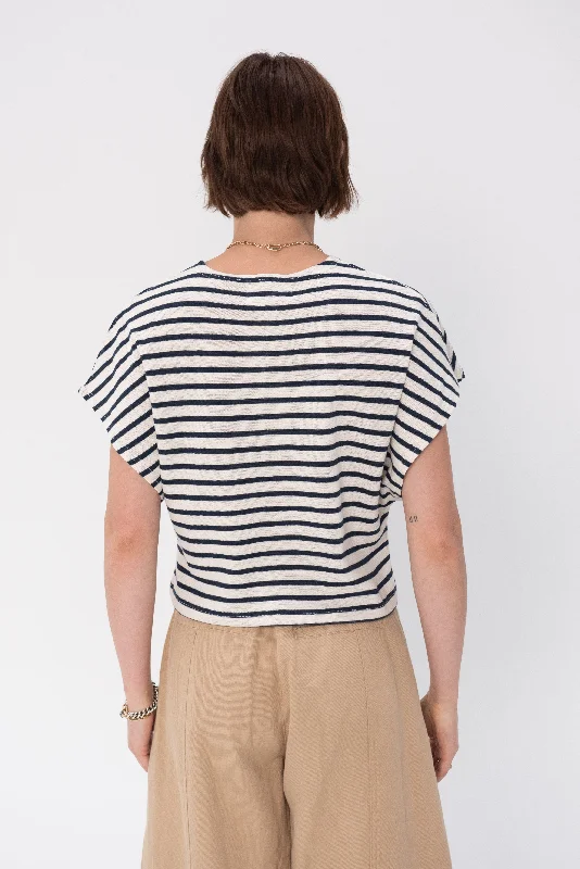 Luju Crop Tee, Navy Cream Stripe