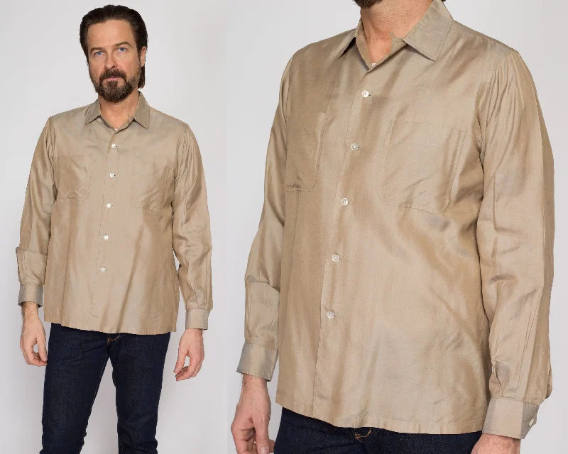 Medium 60s 70s Taupe Silk Loop Collar Shirt