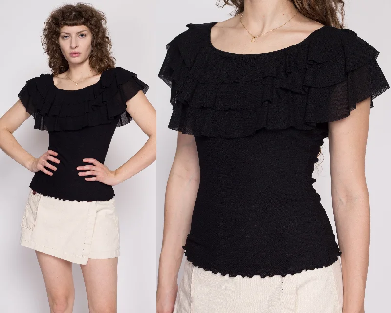 Medium 90s Black Ruffle Collar Mesh Blouse