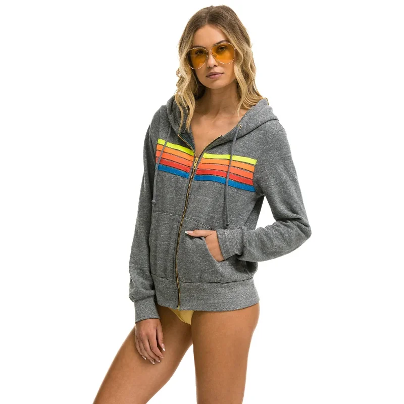 Aviator Nation 5 Stripe Zip Hoodie Heather Grey/Neon Rainbow