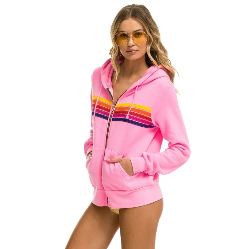 Aviator Nation 5 Stripe Zip Hoodie Neon Pink/Yellow Purple