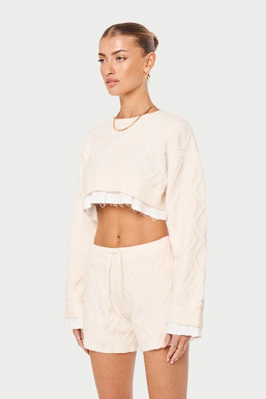 CABLE KNITTED CROPPED SWEATER - OFF WHITE