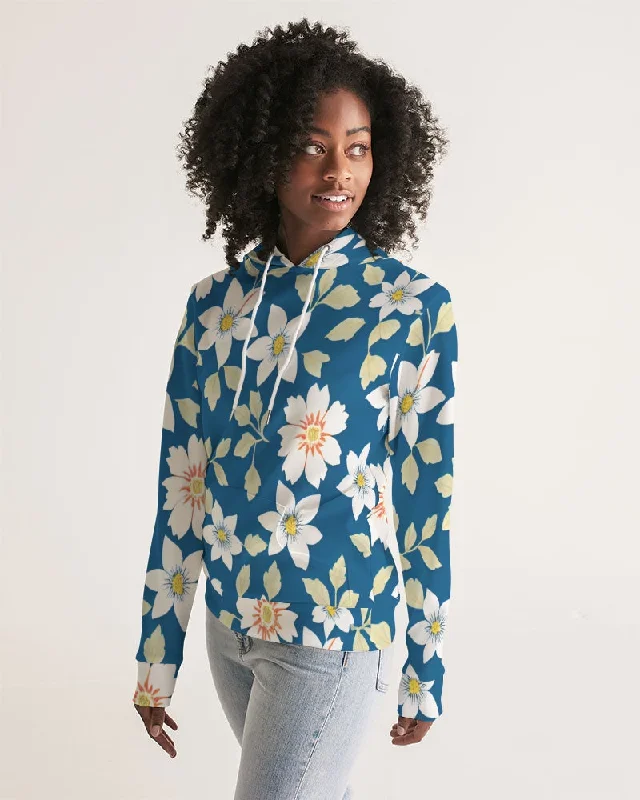 Dark blue background and white flower pattern Women's All-Over Print Hoodie