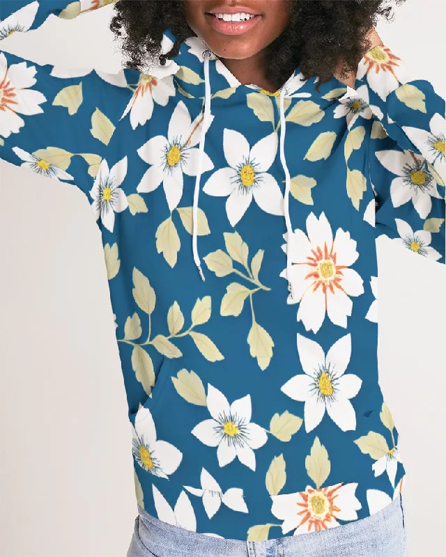 Dark blue background and white flower pattern Women's All-Over Print Hoodie