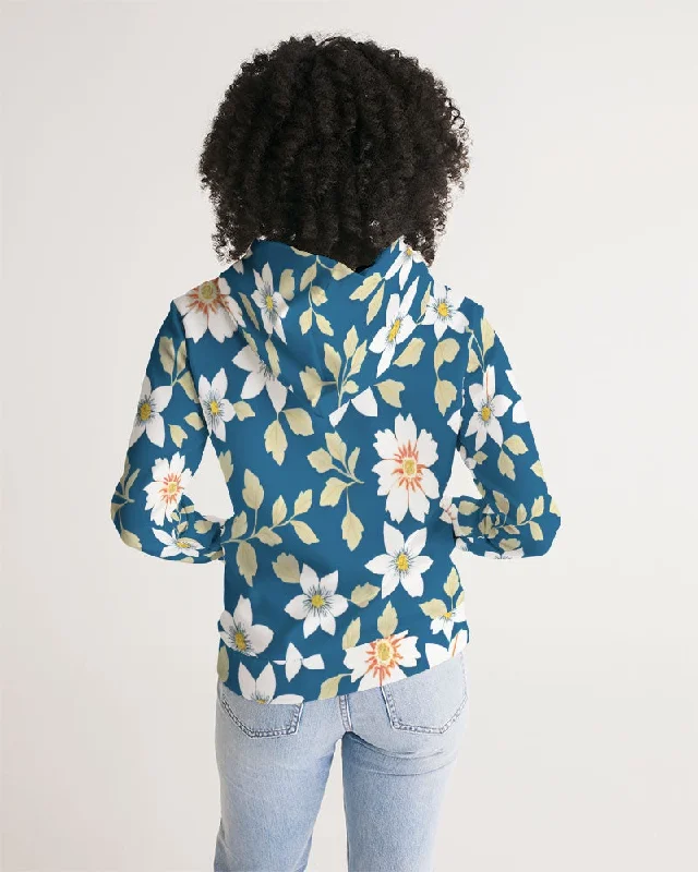 Dark blue background and white flower pattern Women's All-Over Print Hoodie