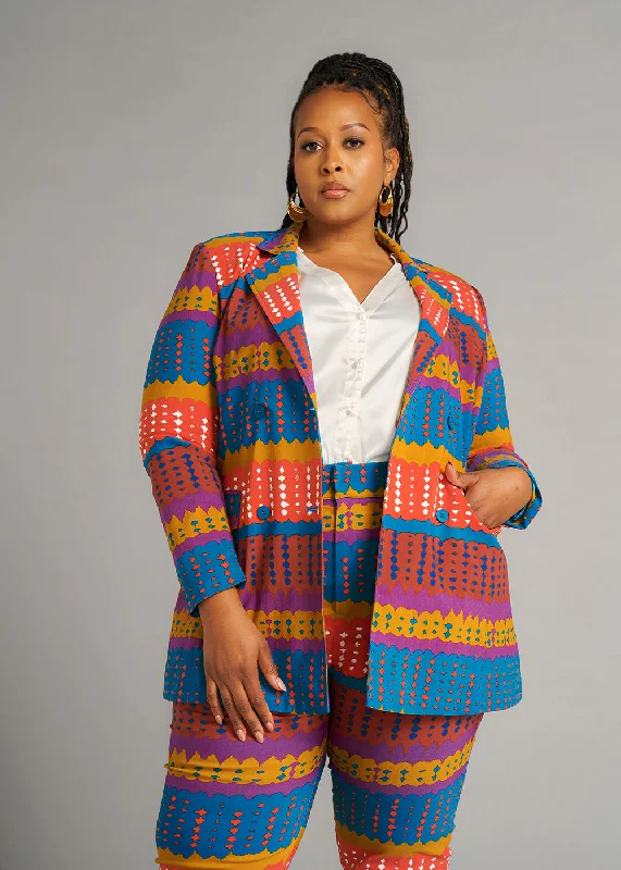 Uyai Women's African Print Stretch Blazer (Orange Teal Adire) - Clearance