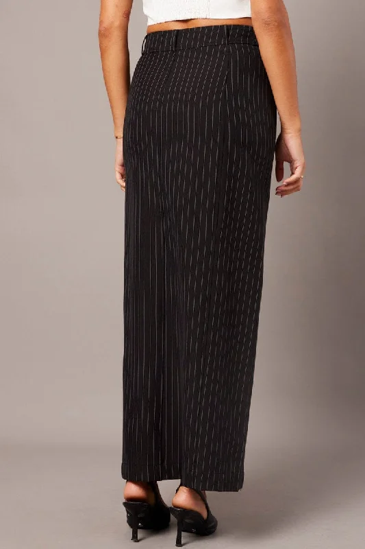 Black Stripe Midi Skirt Tailored High Waist