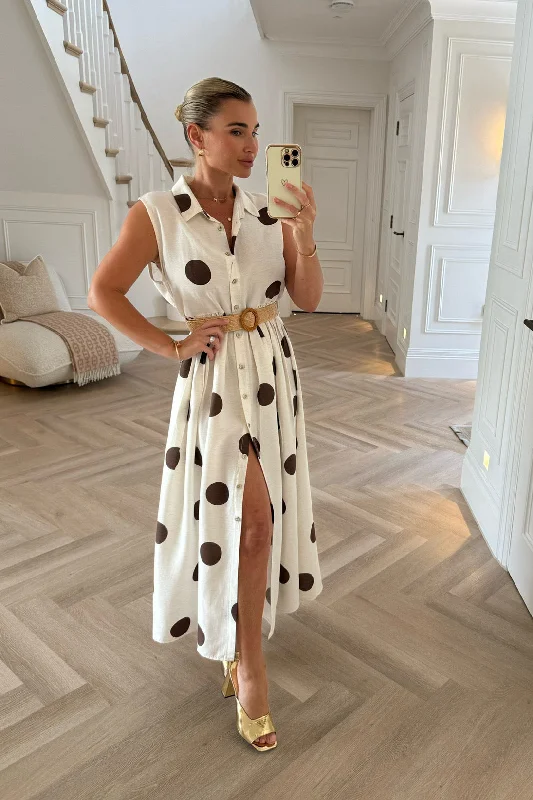 CREAM WITH BROWN POLKA DOT MIDAXI DRESS