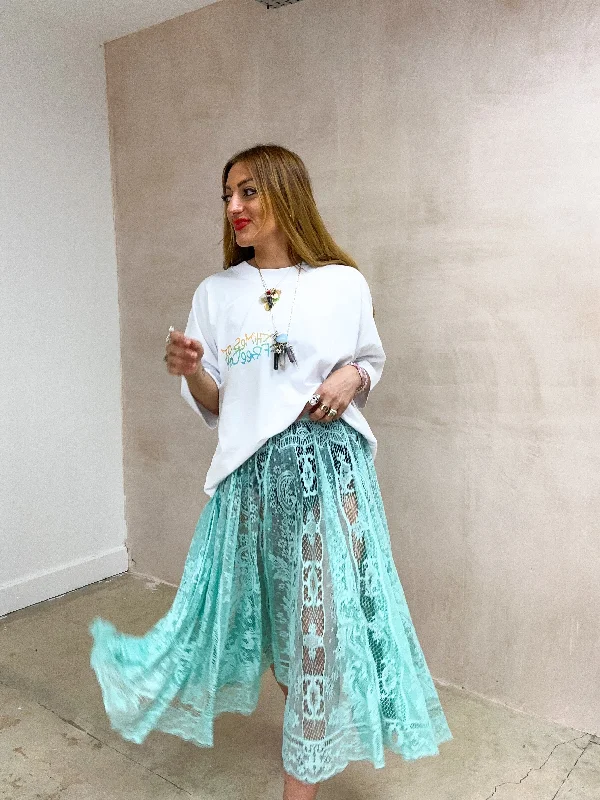 Full Circle Floaty Midi Skirt In Aqua Lace