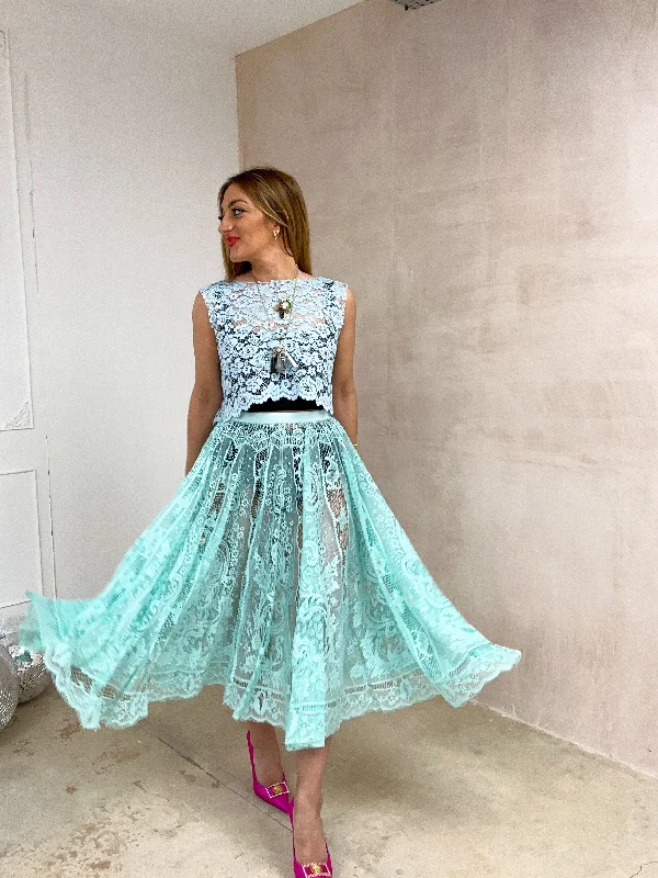 Full Circle Floaty Midi Skirt In Aqua Lace