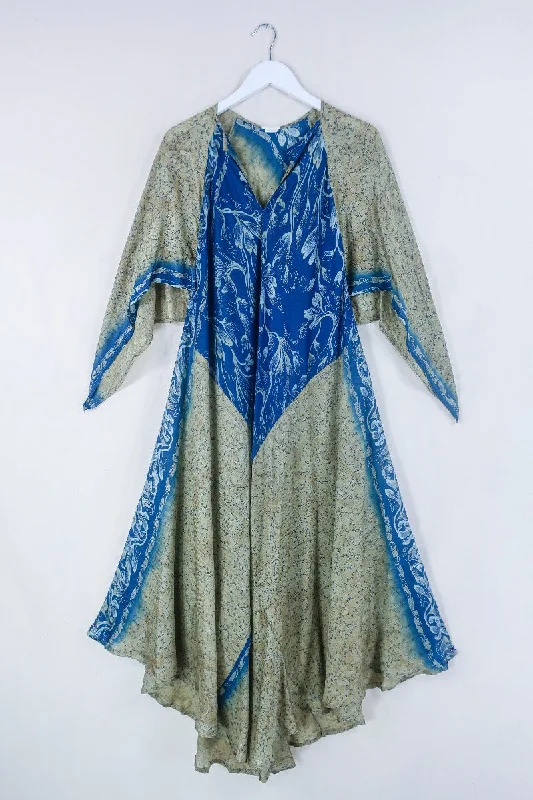 Goddess Dress - Antique Gold & Denim Blue Floral - Indian Pure Silk Sari - Free Size