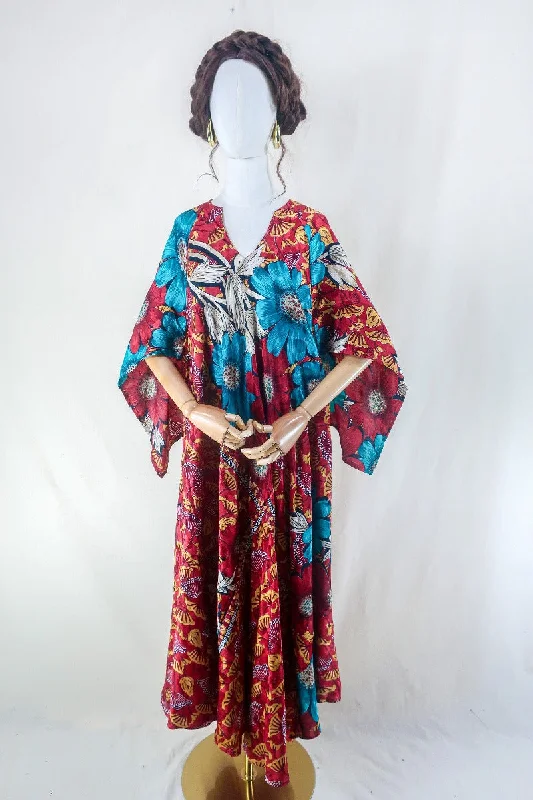 Goddess Dress - Fiery Red Bold Floral - Vintage Sari - Free Size