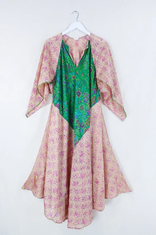 Goddess Dress - Sunny Peach & Green Floral - Indian Pure Silk Sari - Free Size