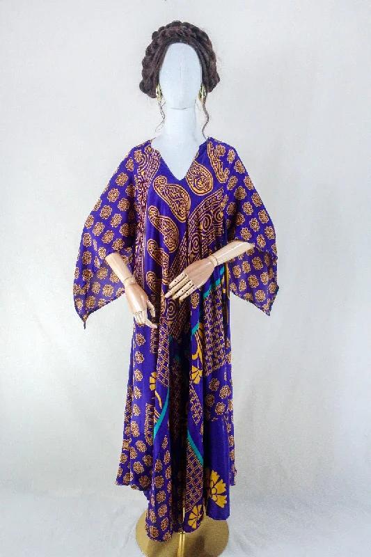 Goddess Dress - Ultraviolet & Gold Floral - Vintage Sari - Free Size