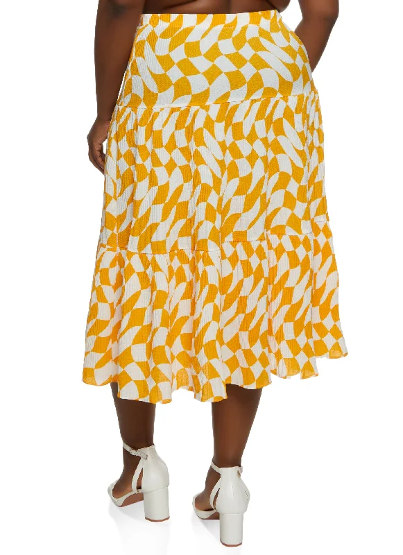 Plus Size Plisse Checkered Tiered Maxi Skirt