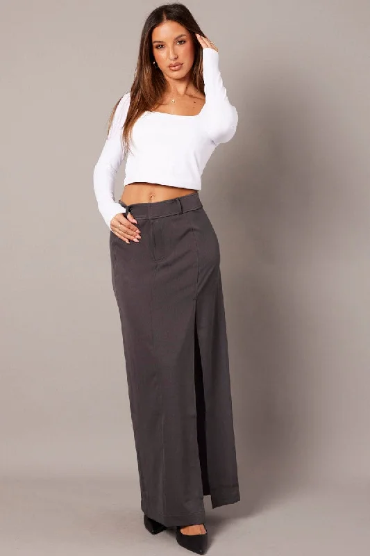 Grey Midi Skirt Tailored High Waist