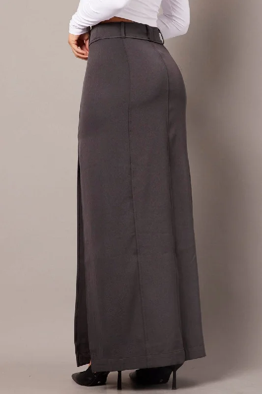 Grey Midi Skirt Tailored High Waist