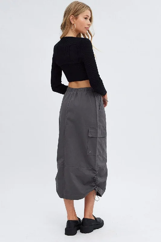 Grey Parachute Cargo Skirt Low Rise Midi