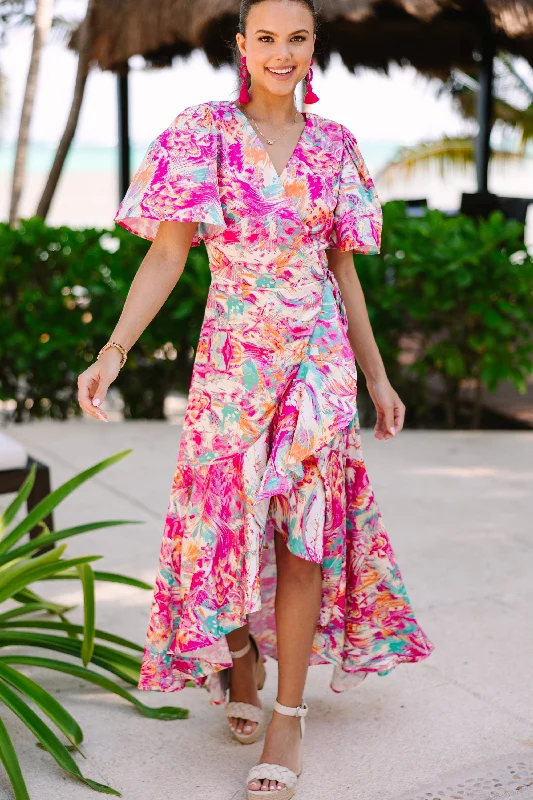 Tahiti Is Calling Fuchsia Pink Abstract Maxi Dress